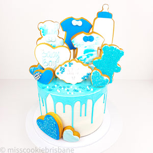 Cookie Decorated Baby Boy Shower Cake