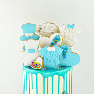 Cookie Decorated Baby Boy Shower Cake
